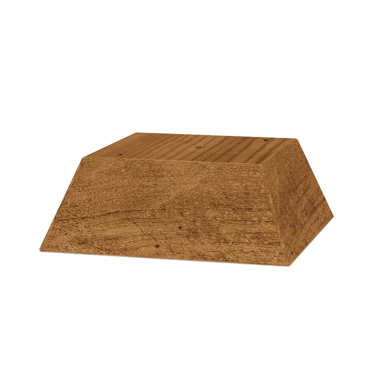 The Go Build 4 in. x 4 in. Pyramid Post Cap - Pressure Treated features a flat top and outward-angled sides, showcasing the wood’s natural grain and texture against a white background.